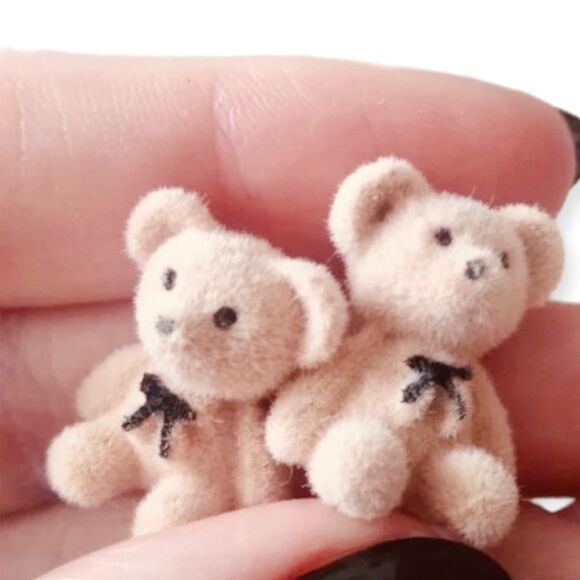 Cute Tan Teddy Bear Flocked Fuzzy Black Bow  Post Earrings - Picture 3 of 4
